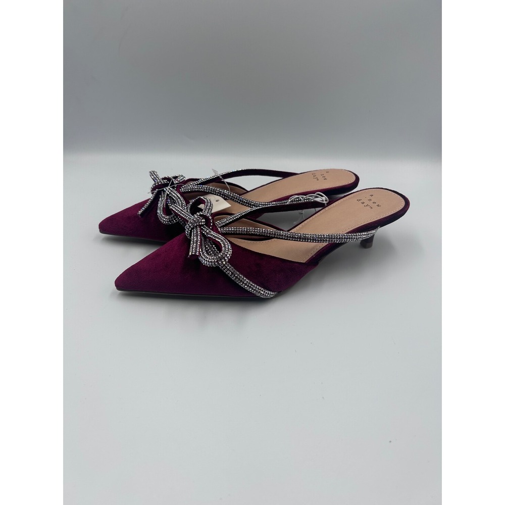 A New Day Gwen Burgundy Velvet Rhinestone Bow Kitten Heel Mules 6.5 NEW